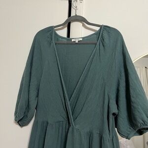 Madewell teal wrap front puff sleeve cotton dress